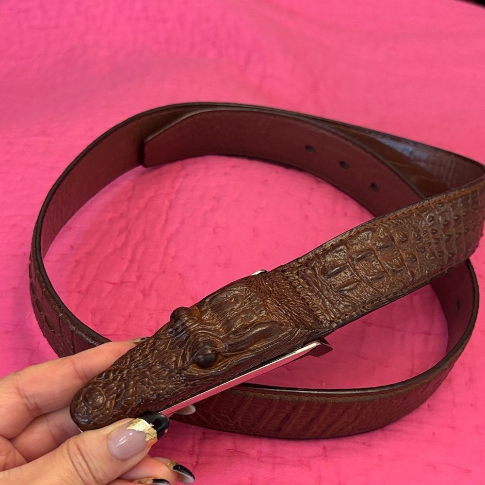 Brown Crocodile Embossed Leather Belt, L 46 inch
